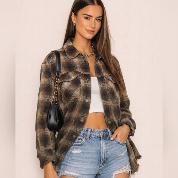 Free People Tops - Free People Anneli Plaid Ombre Tweed Shirt Oversized Shacket